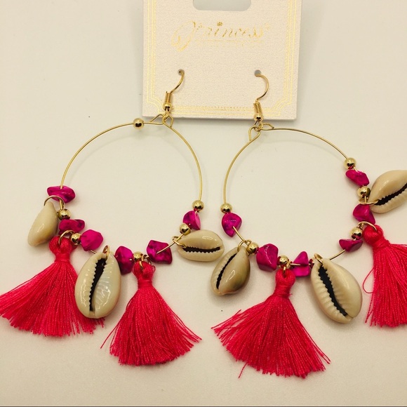 EARRINGS BOHO TASSELS DEEP PINK, purple stones! - Picture 7 of 9